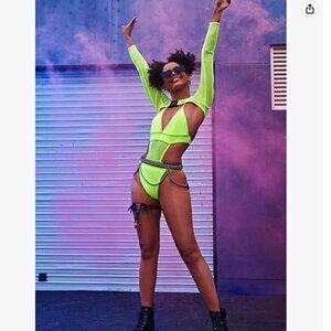 Neon One Piece Mesh Cutout Swimsuit with Long Sleeve Mesh Crop Top Size S